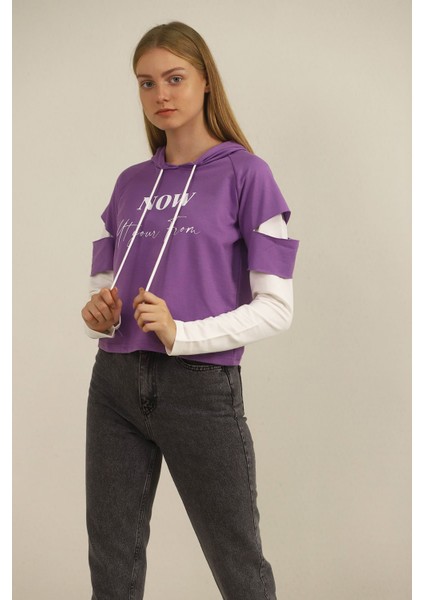Mor Kapşonlu Desenli Sweat