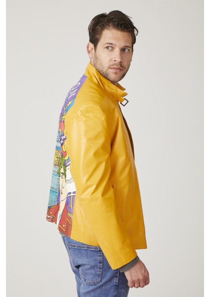 Sarı London Baskılı Erkek Deri Ceket modelleri