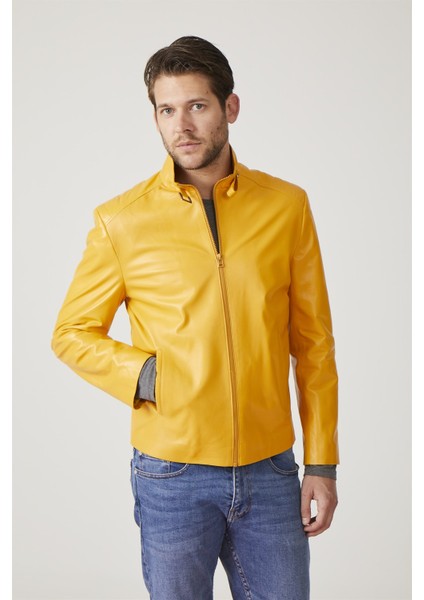 Sarı London Baskılı Erkek Deri Ceket fırsatları
