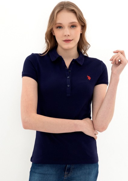 GTP-IY022 Polo Yaka Standart Kalıp Baskılı Lacivert Kadın T-Shirt