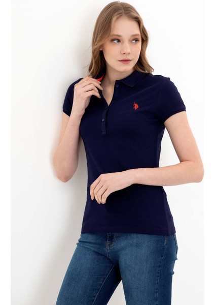 GTP-IY022 Polo Yaka Standart Kalıp Baskılı Lacivert Kadın T-Shirt modelleri