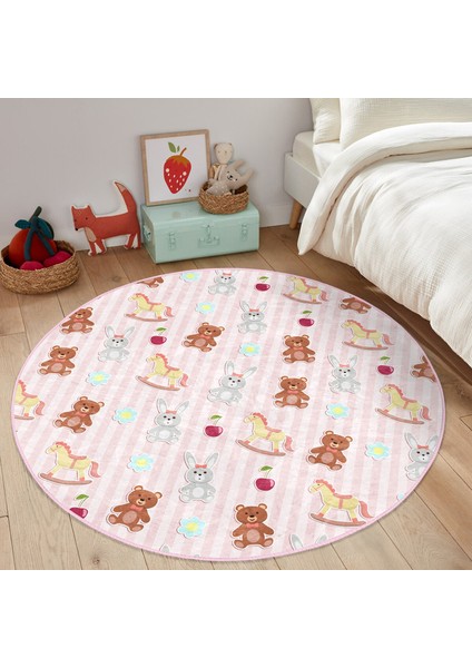 Sevimli Ayıcık ve Tavşan Motifli Çocuk & Genç Odası Makinede Yıkanabilir Kaymaz Tabanlı Yuvarlak Çocuk Halısı