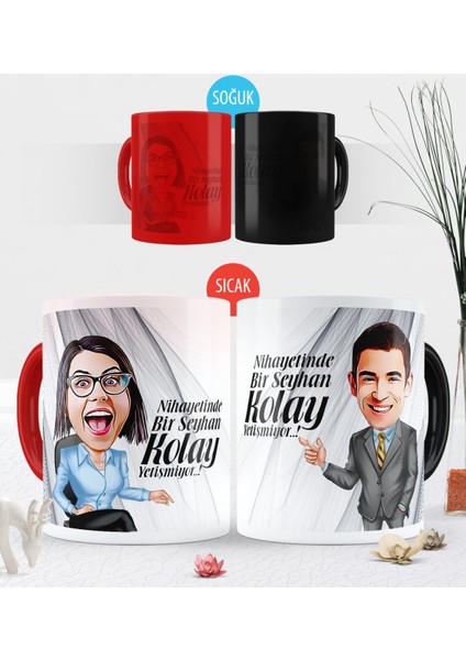 Kişiye Özel Ikili Kolay Yetişmiyor Karikatürlü Sihirli Kupa Bardak Seti - 2