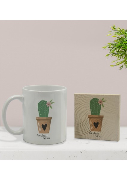 Gift Kişiye Özel Kaktüs Tasarımlı Beyaz Kupa Bardak ve Ahşap Bardak Altlığı Hediye Seti - Model 6