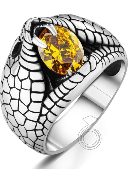 925 Ayar Gümüş Kobra Yılanı Figürlü Sitrin Taşlı Erkek Yüzük fiyatları