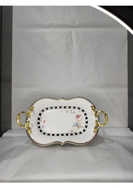 Oval Damalı Pembe Güllü Servis 37 x 21 x 12 cm
