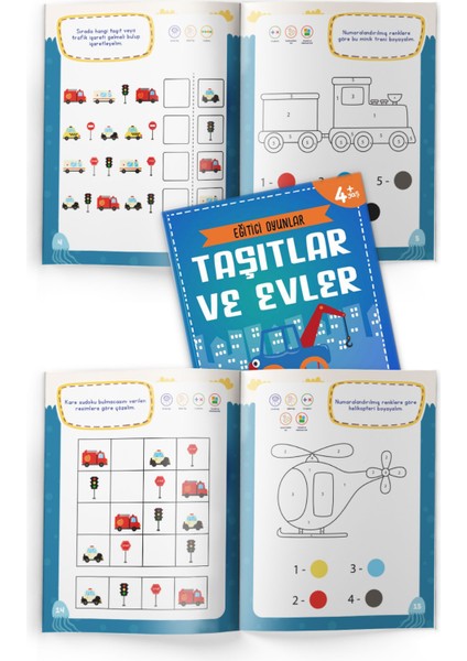 4+ Yaş Eğitici Oyunlar - Taşıtlar Ve Evler - Okul Öncesi Eğlenceli Çocuk Etkinlik Kitabı