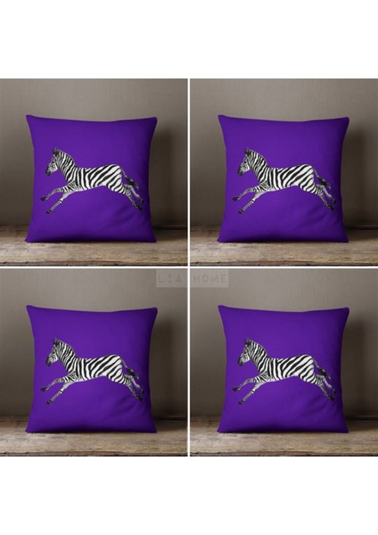 Zebra Desenli Mor Renk Çift Taraflı Dekoratif 4'lü Kombin Kırlent Kılıfı Seti