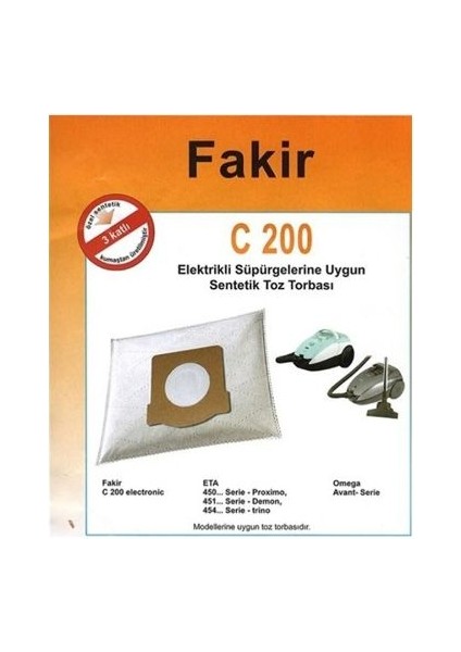 Fakir Toz Torbası 5 Adet C 200 Elektirikli Süpürge Toz Torbası