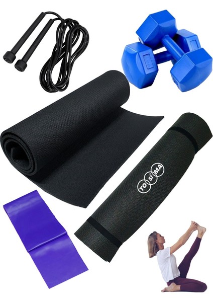 4 Parça Pilates Seti Pilates Minderi 1 kg Dambıl Seti Direnç Lastiği Yoga Minderi Seti