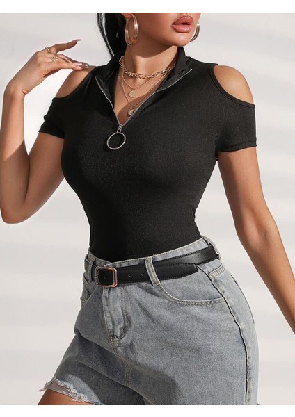Kadın Kısa Kollu Omuz Detaylı Fermuarlı Fitilli Esnek Bluz fiyatları