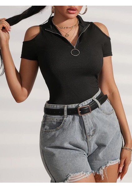 Kadın Kısa Kollu Omuz Detaylı Fermuarlı Fitilli Esnek Bluz fırsatları