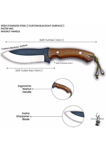 El Yapımı Bushcraft Kamp Bıçağı Kök Ceviz Kabze Paslanmaz Av Bıçağı Deri Kılıflı modelleri