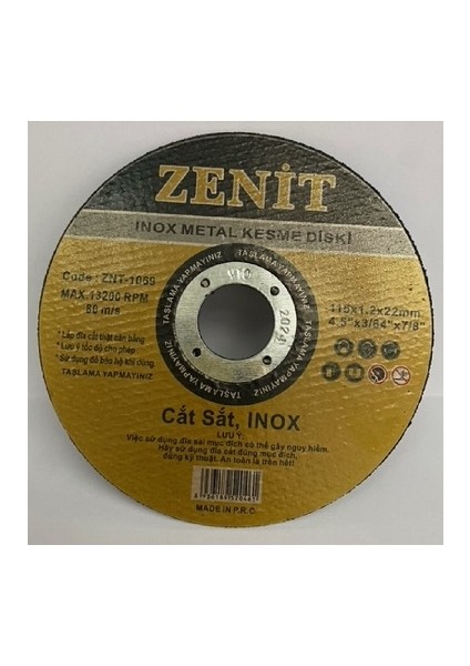 Zenit ZNT-1069 Inox Paslanmaz Çelik Döküm Kesici Taşlama 115x1,2x22 mm 5 Adet