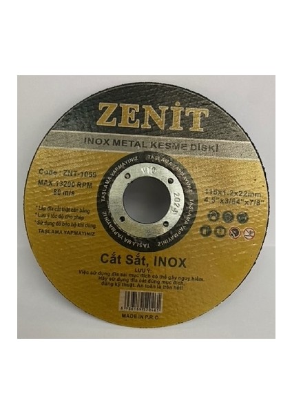 Zenit ZNT-1069 Inox Paslanmaz Çelik Döküm Kesici Taşlama 115x1,2x22 mm 20 Adet