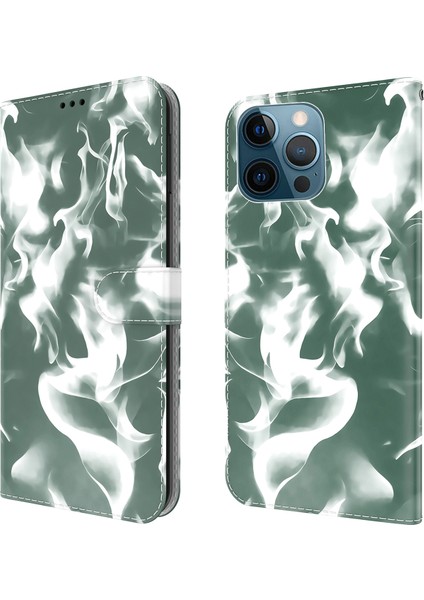 iPhone 12 Pro Max Için Sis Desenli Kartlıklı Deri Telefon Kılıfı - Koyu Yeşil (Yurt Dışından)
