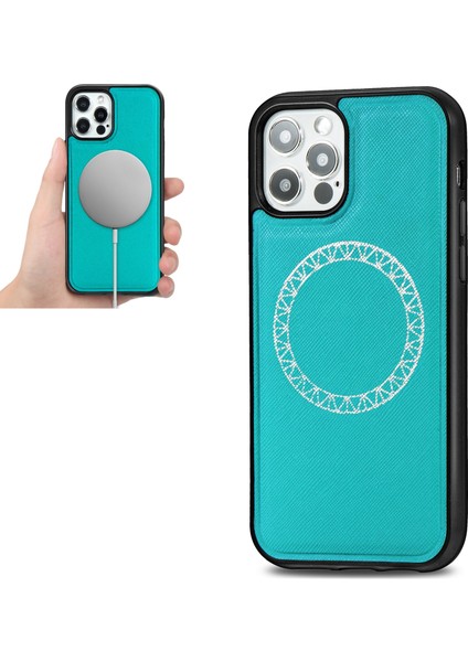 iPhone 12 Pro Max Için Çapraz Dokulu Kabartmalı Manyetik Pu + Tpu Magsafe Kılıf - Turkuaz (Yurt Dışından)