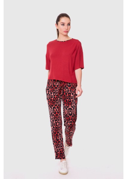Desenli Jogger Fuşya-Kırmızı Pantolon Bluz Takım