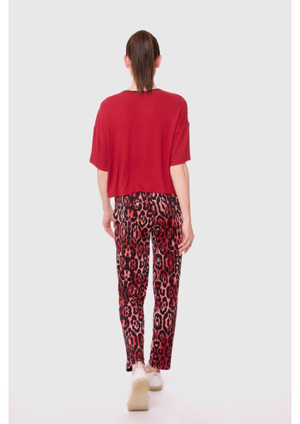 Desenli Jogger Fuşya-Kırmızı Pantolon Bluz Takım
