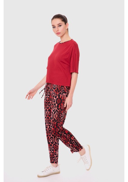 Desenli Jogger Fuşya-Kırmızı Pantolon Bluz Takım
