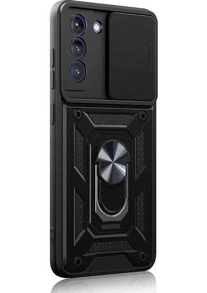 Samsung Galaxy S21 Fe Kılıf Sert Silikon Tank Aramid Sürgülü Vega Yüzüklü Siyah