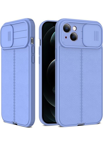 Apple iPhone 13 Kılıf Kamera Sürgülü Deri Dokulu Mat Silikon Mor