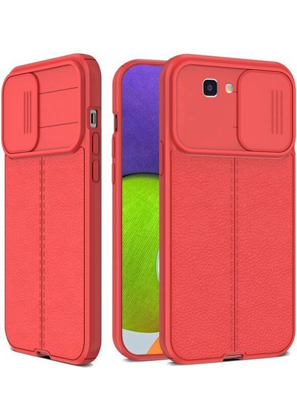 Casestreet Samsung Galaxy J7 Prime Kılıf Kamera Sürgülü Deri Dokulu Mat Silikon Kırmızı