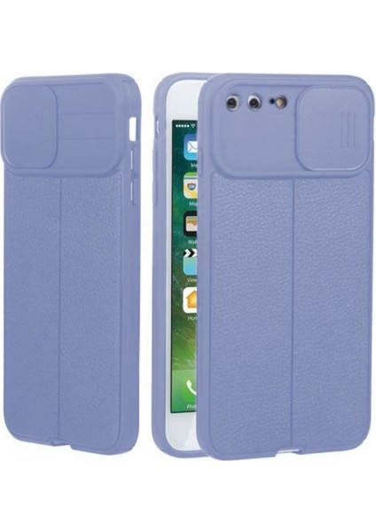 Casestreet Apple iPhone 8 Plus Kılıf Kamera Sürgülü Deri Dokulu Mat Silikon+Nano Glass Koruyucu Mor