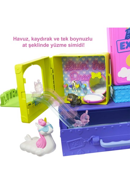 Extra Mini ve Hayvan Dostları'nın Seyahat Maceraları Oyun Seti, 2 Yavru Köpek ve Barbie Extra Mini Bebek, Havuz, Kaydırak, Parti Salonu ve Aksesuarlar, 3 Yaş ve Üzeri HDY91