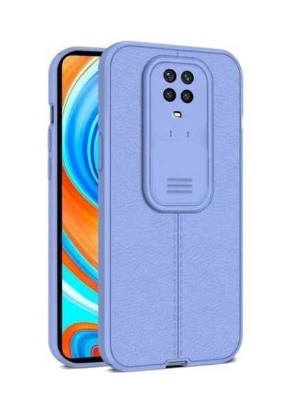 Xiaomi Redmi Note 9s Kılıf Kamera Sürgülü Deri Dokulu Mat Silikon+Nano Glass Koruyucu Mor