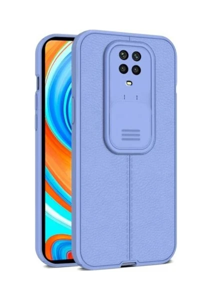 Xiaomi Redmi Note 9s Kılıf Kamera Sürgülü Deri Dokulu Mat Silikon+Nano Glass Koruyucu Mor