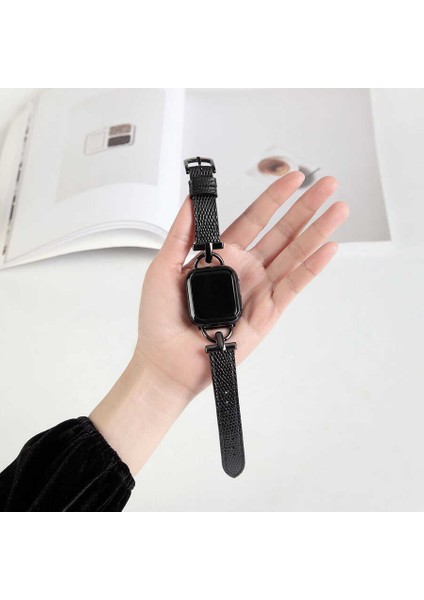 Apple Watch Seri 7/6/SE/5/4 Metal ve Deri Kordon Kayış 38mm 40mm 41mm KRD-53 Siyah modelleri