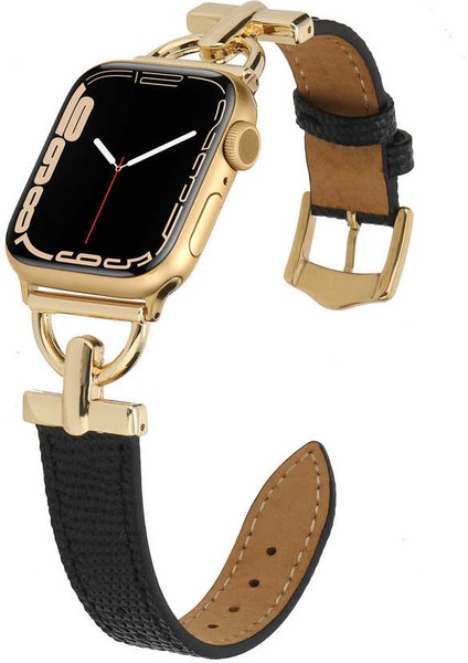 Apple Watch Seri 7/6/SE/5/4 Metal ve Deri Kordon Kayış 38mm 40mm 41mm KRD-53 Siyah - Altın