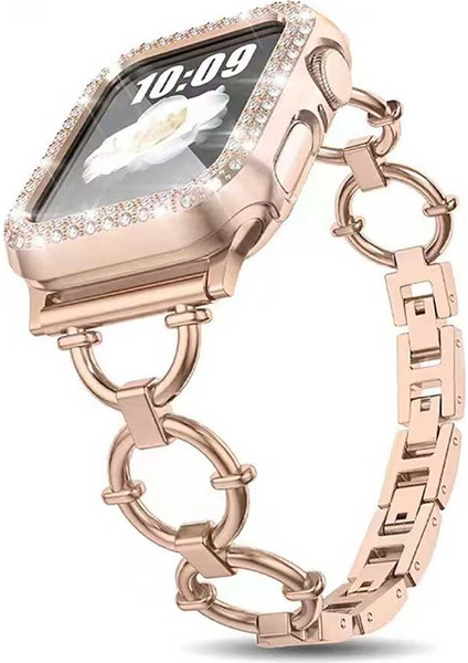 Apple Watch Seri 7/6/SE/5/4 Halka Detaylı Metal Kordon Kayış 42mm 44mm 45mm KRD-56 Rose Gold