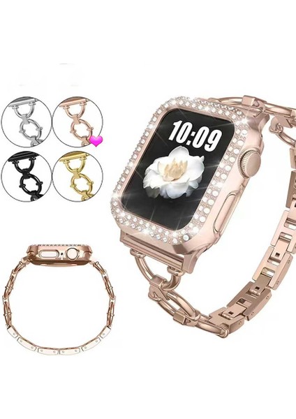 Apple Watch Seri 7/6/SE/5/4 Halka Detaylı Metal Kordon Kayış 42mm 44mm 45mm KRD-56 Siyah modelleri