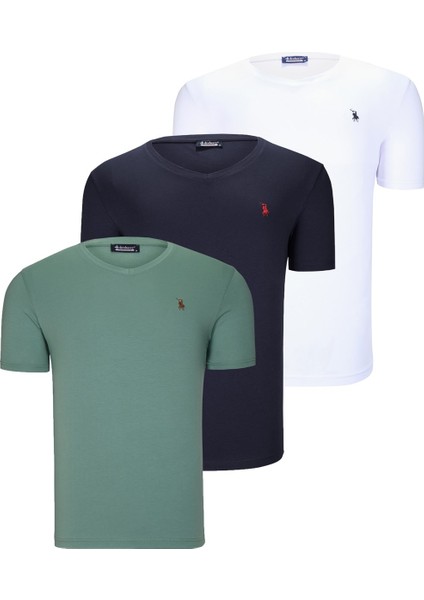 Üçlü Set T8568 V Yaka Erkek T-Shirt Koyu Lacivert Kar Beyaz Açık Yeşil