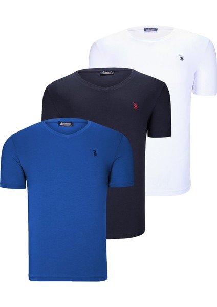Üçlü Set T8568 V Yaka Erkek T-Shirt Koyu Lacivert Kar Beyaz Açık Yeşil