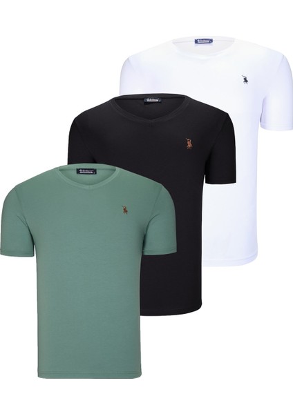Üçlü Set T8568 V Yaka Erkek T-Shirt Koyu Lacivert Kar Beyaz Açık Yeşil