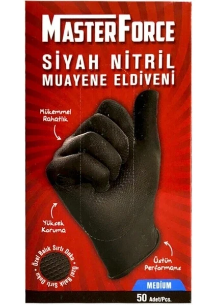 Master Force Balık Sırtı Nitril Eldiven (M Beden) 50'li Siyah