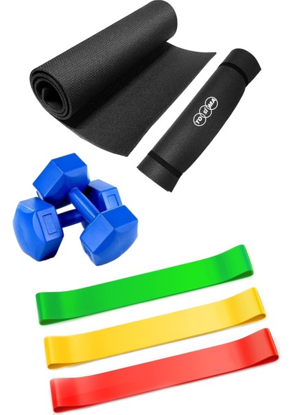 Pilates Egzersiz Seti Pilates Minderi 3 Adet Direnç Lastiği ve 1 kg Çiftli Dambıl Seti