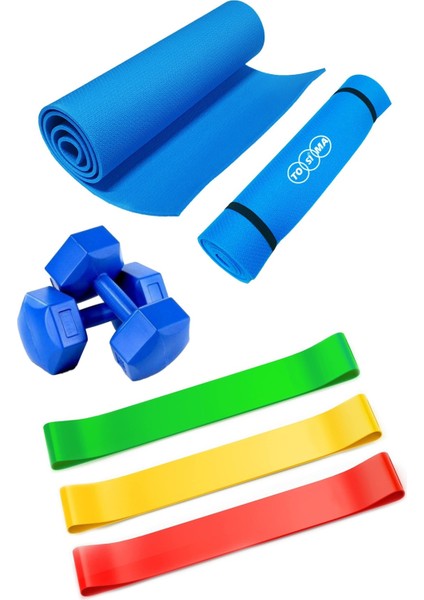 Pilates Egzersiz Seti Pilates Minderi 3 Adet Direnç Lastiği ve 1 kg Çiftli Dambıl Seti
