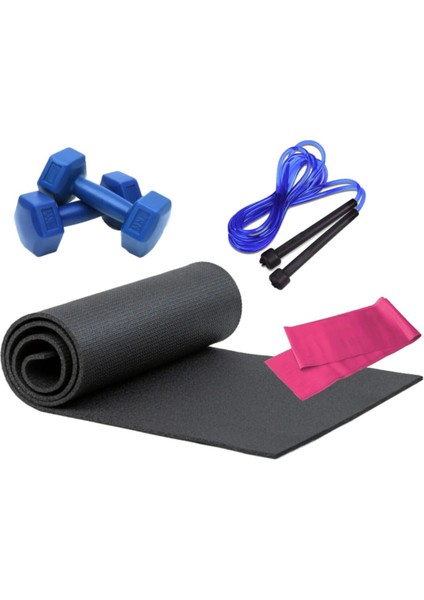 Pilates Minderi Pilates Lastiği 1 kg Plastik Dambıl Atlama Ipi Pilates Seti 4 Parça