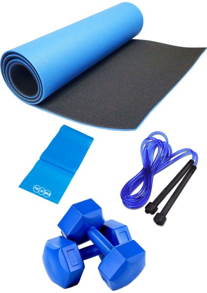 Pilates Seti 8mm Çift Taraflı Minder Pilates Lastiği Atlama Ipi ve 1 kg Dambıl Full Set