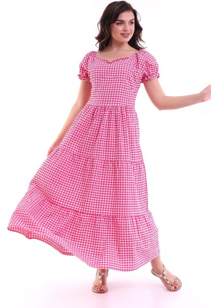 Kareli Kısa Kol Elbise Pembe MDNSS32
