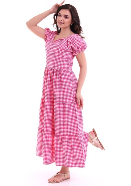 Kareli Kısa Kol Elbise Pembe MDNSS32