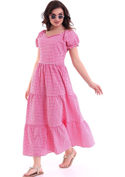 Kareli Kısa Kol Elbise Pembe MDNSS32