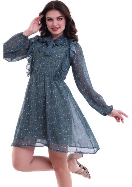 Çiçekli Uzun Kol Elbise Yeşil MDNSS04 fiyatları