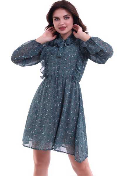 Çiçekli Uzun Kol Elbise Yeşil MDNSS04 modelleri