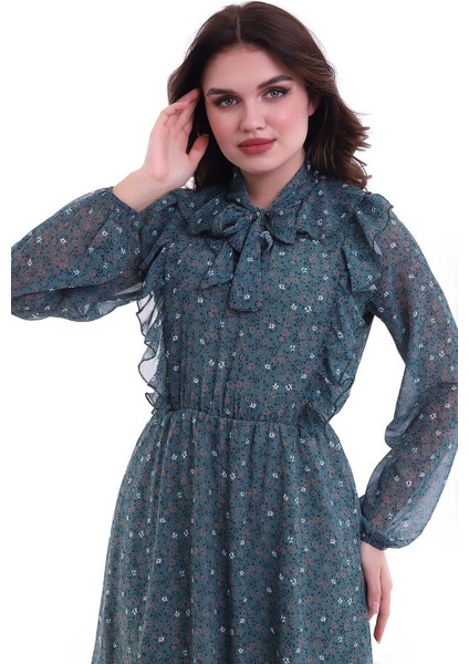 Çiçekli Uzun Kol Elbise Yeşil MDNSS04 indirimleri