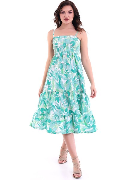 Desenli Askılı Elbise Yeşil MDNSS45